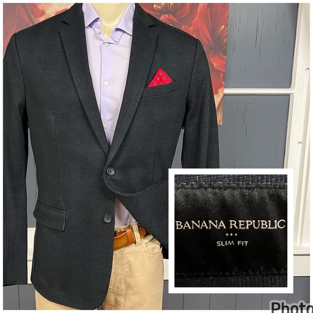 Banana Republic Blazer Mens 44R Slim Fit Jersey Poly Blend Stretch Dark Charcoal